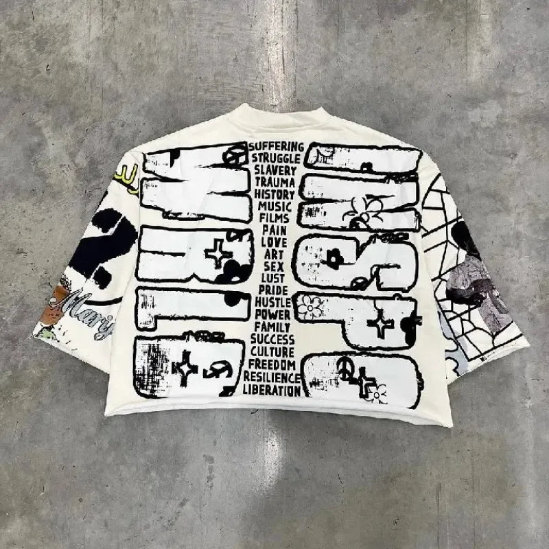 Oversized Round Neck Cotton Short Sleeve Tops Y2k Streetwear T Shirt Retro Hip Hop Graphic Print T Shirts Mens and Womens Rock